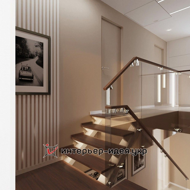 Дизайн коридору в стилі мінімалізм з «повітряними» сходами