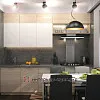 Дизайн невеликої кухні з світлими фасадами і темним фартухом