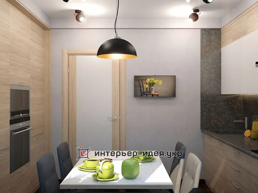 Дизайн небольшой кухни с светлыми фасадами и темным фартуком