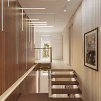 Дизайн коридора в стиле минимализм с «воздушной» лестницей. Дизайн ПРИХОЖЕЙ, КОРИДОРА