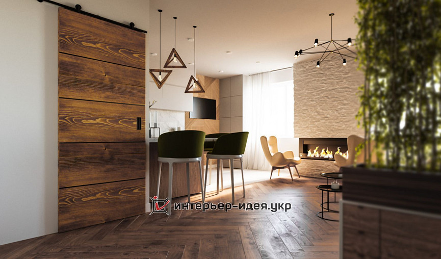 Дизайн кухни-гостиной с элементами скандинавского стиля и лофта