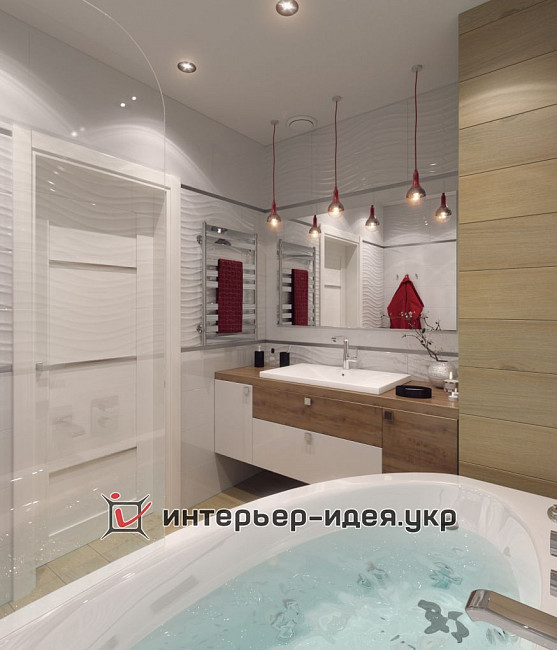 Дизайн ванной в пастельных тонах с акцентами алого