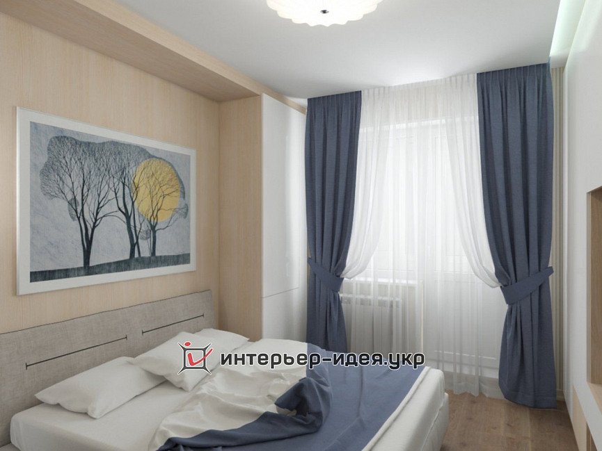 Дизайн минималистичной спальни в бежево-синем цвете
