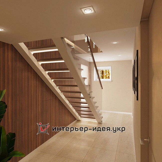 Дизайн коридора в стиле минимализм с «воздушной» лестницей