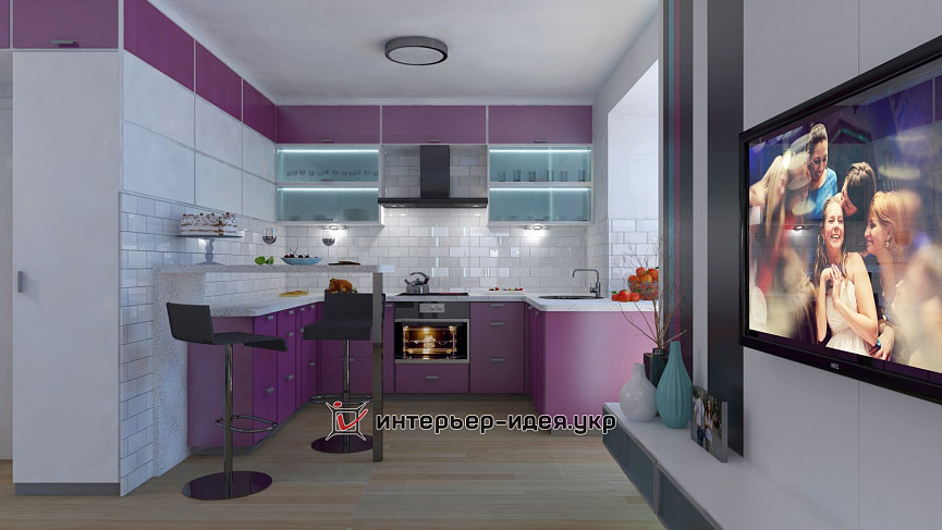 Дизайн белоснежной кухни-студии с фиолетовыми акцентами