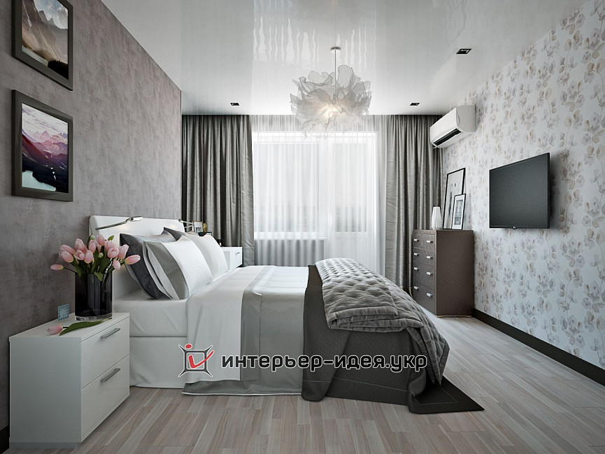 Дизайн серого интерьера спальни