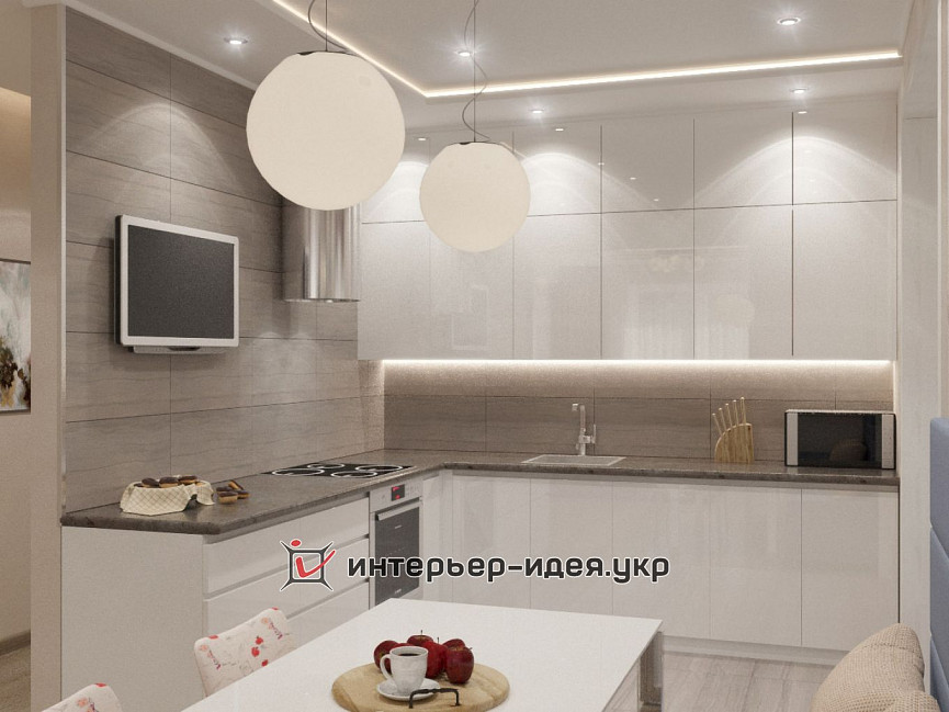 Дизайн интерьера кухни с гостиной в кремовых тонах