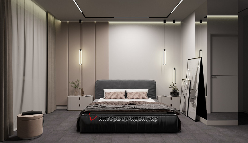 Дизайн спальні «Темний сірий в обіймах ніжності»