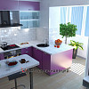 Дизайн белоснежной кухни-студии с фиолетовыми акцентами