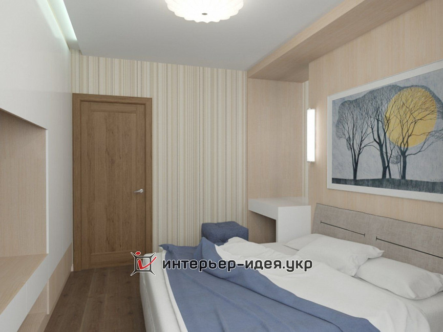 Дизайн минималистичной спальни в бежево-синем цвете