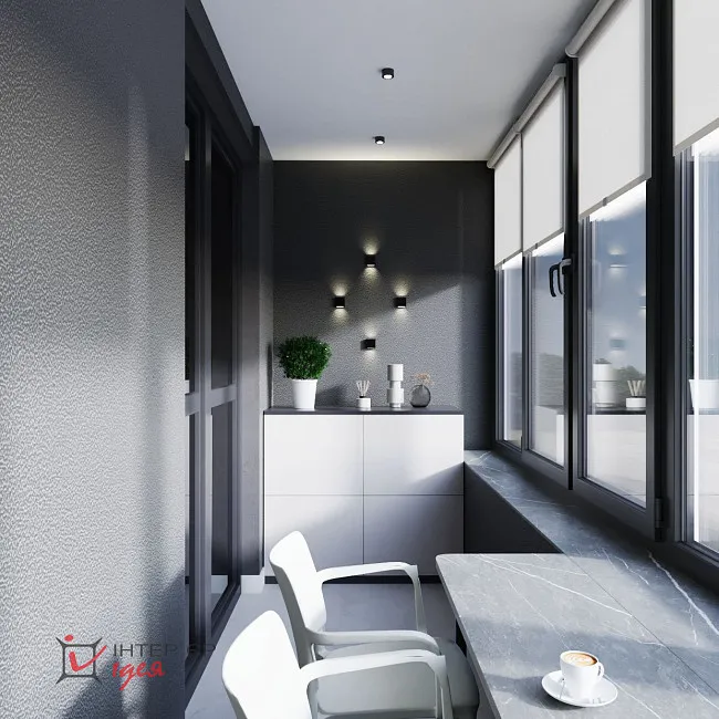 Современный минимализм в кухне-студии 28 м2, с балконом