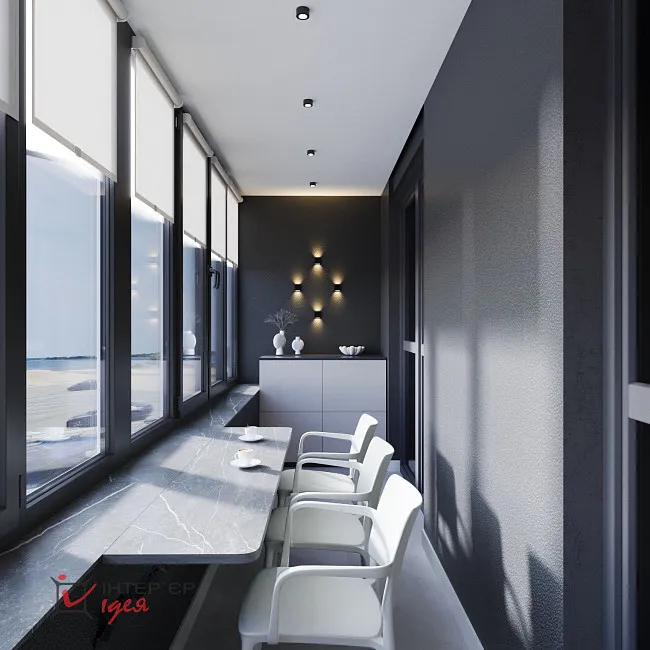 Современный минимализм в кухне-студии 28 м2, с балконом