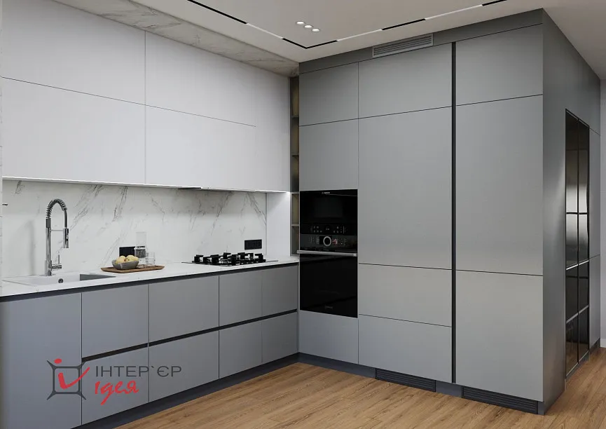 Современный минимализм в кухне-студии 28 м2, с балконом