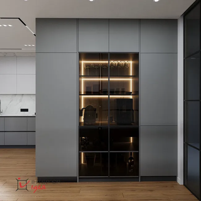 Современный минимализм в кухне-студии 28 м2, с балконом