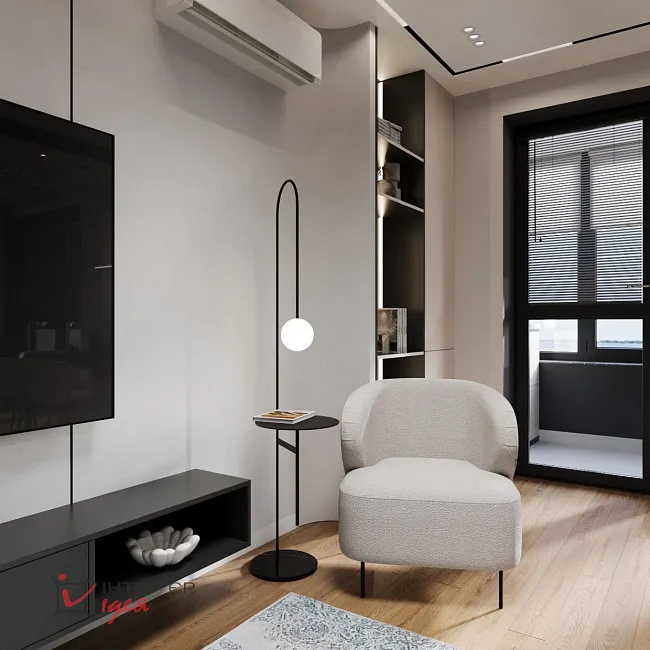 Современный минимализм в кухне-студии 28 м2, с балконом