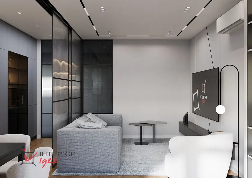 Современный минимализм в кухне-студии 28 м2, с балконом