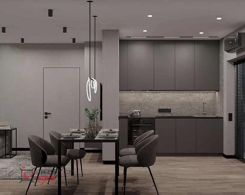 Монохромная минималистичная кухня-гостиная