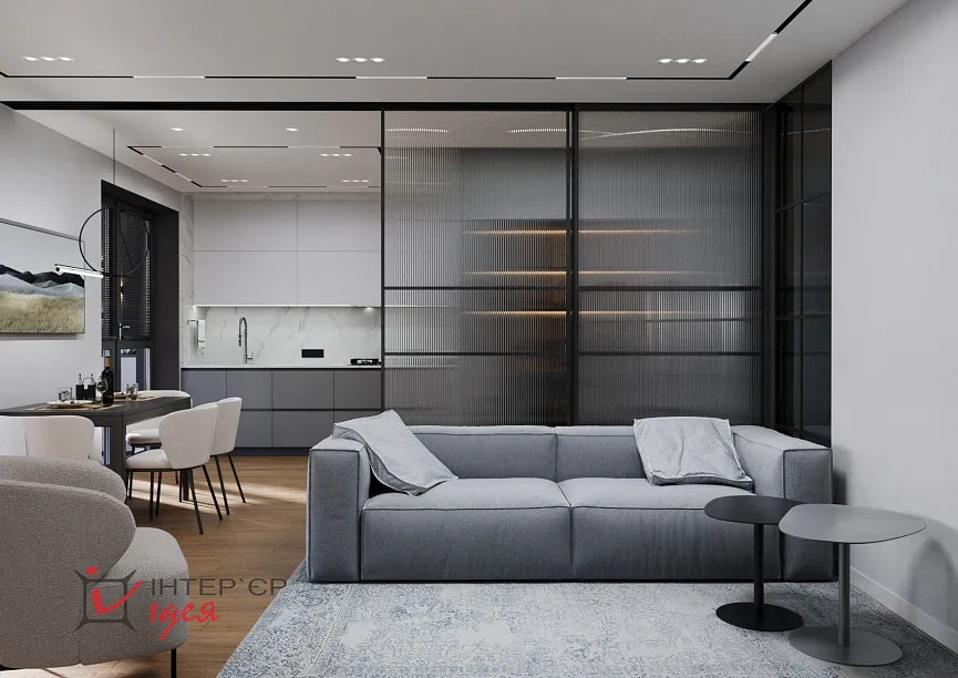 Современный минимализм в кухне-студии 28 м2, с балконом