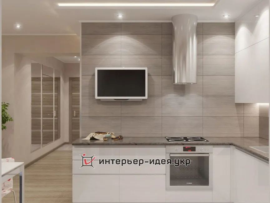 Дизайн интерьера кухни с гостиной в кремовых тонах