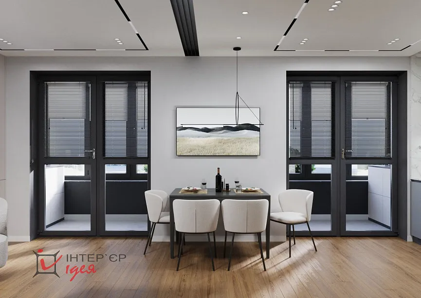 Современный минимализм в кухне-студии 28 м2, с балконом