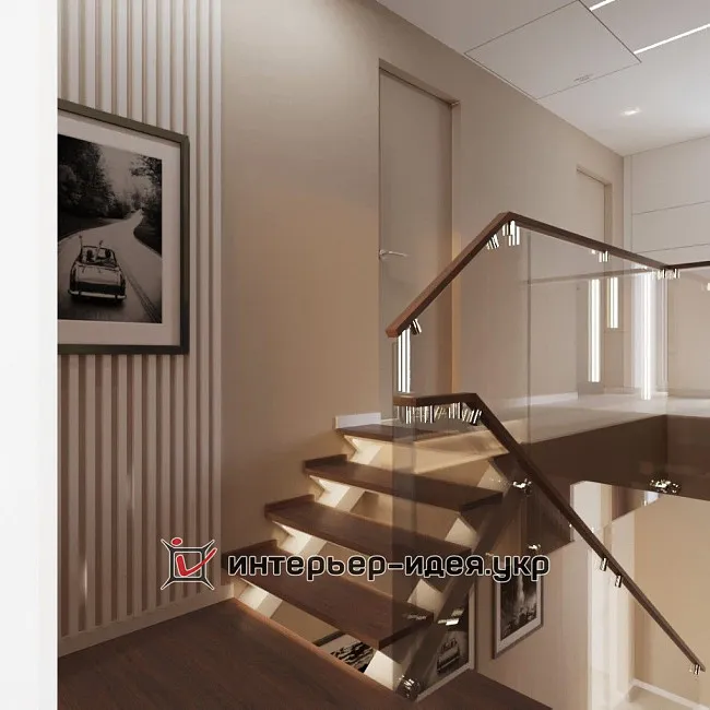 Дизайн коридора в стиле минимализм с «воздушной» лестницей
