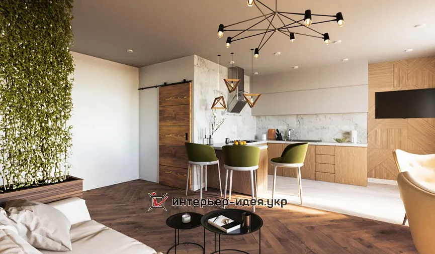 Дизайн кухни-гостиной с элементами скандинавского стиля и лофта
